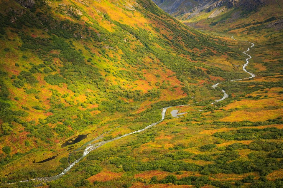 The Alaska backcountry with a river running through a mountain valley.