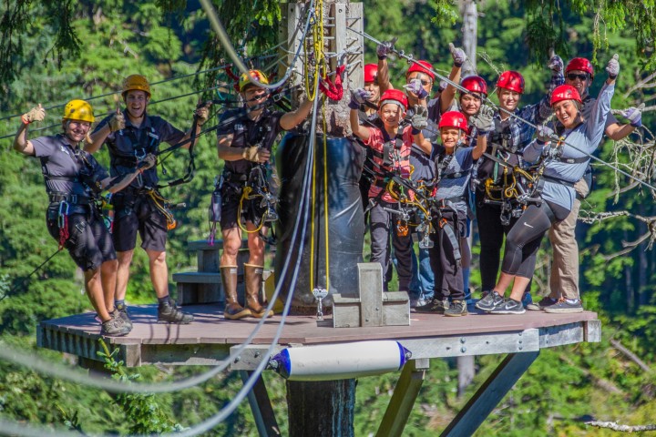 People in ziplining gear pose on a platform in a treetop at the start of a zipline run.
