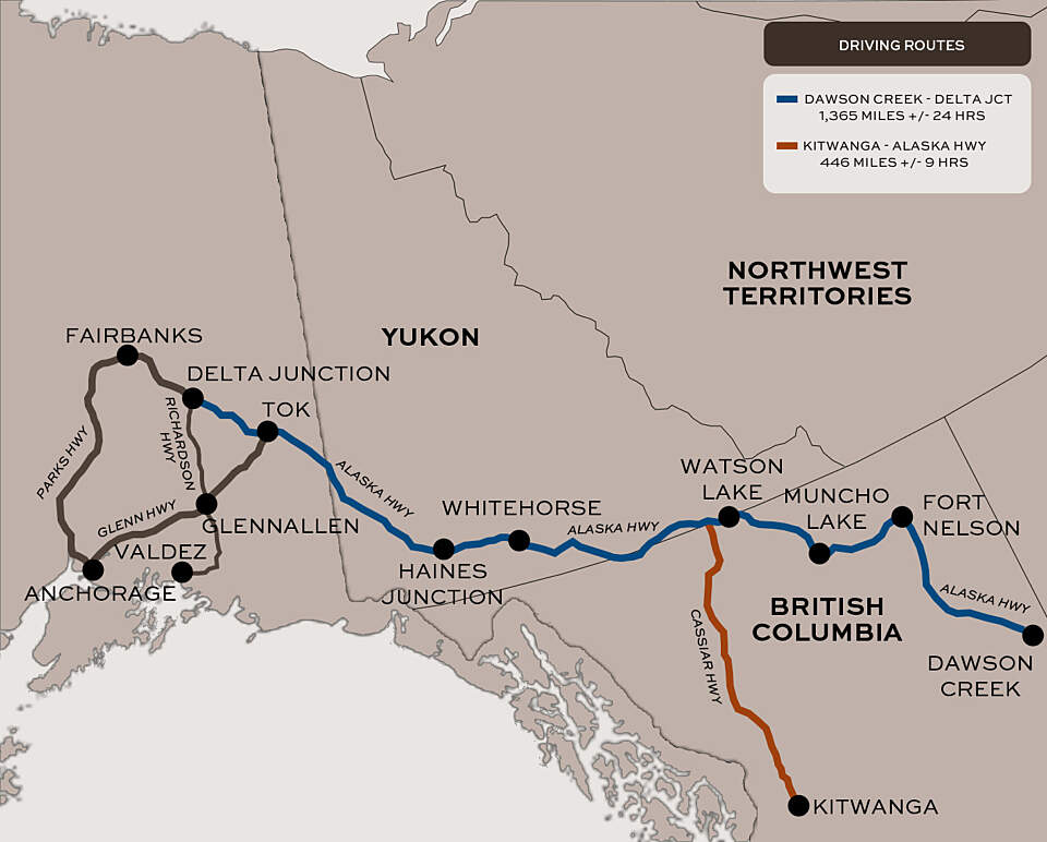 map showing Cassiar and Alaska highway routes through Alaska