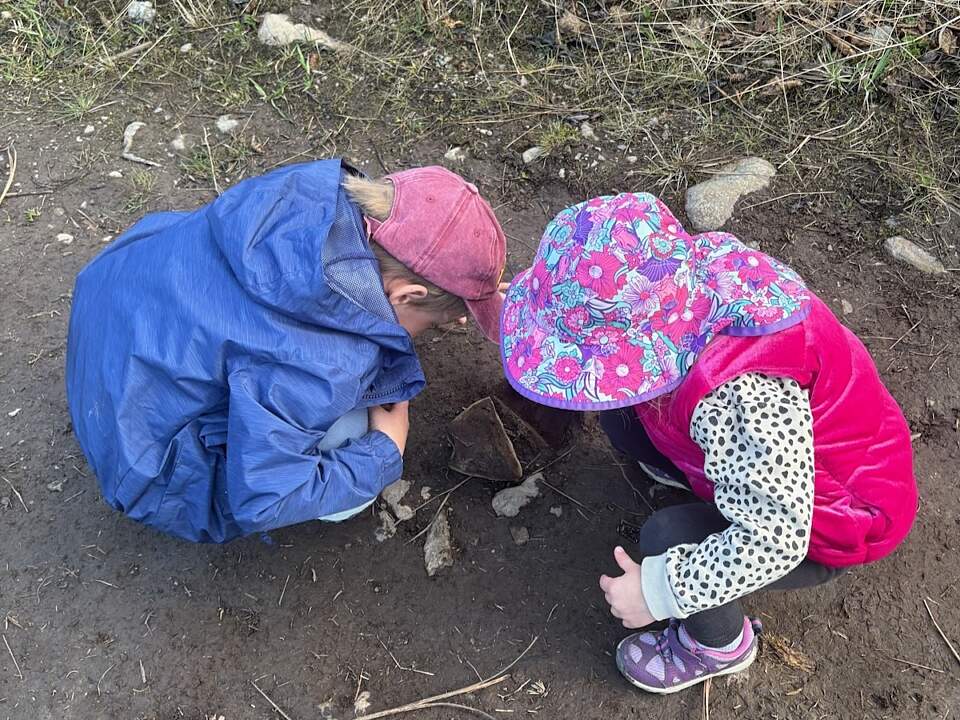 Kids bend down to look under a rock for bugs
