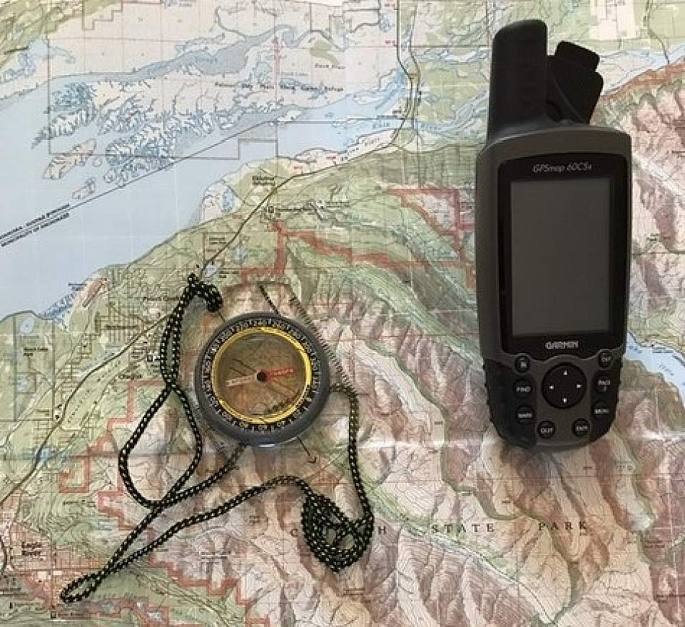 Topographic map and compass and GPS