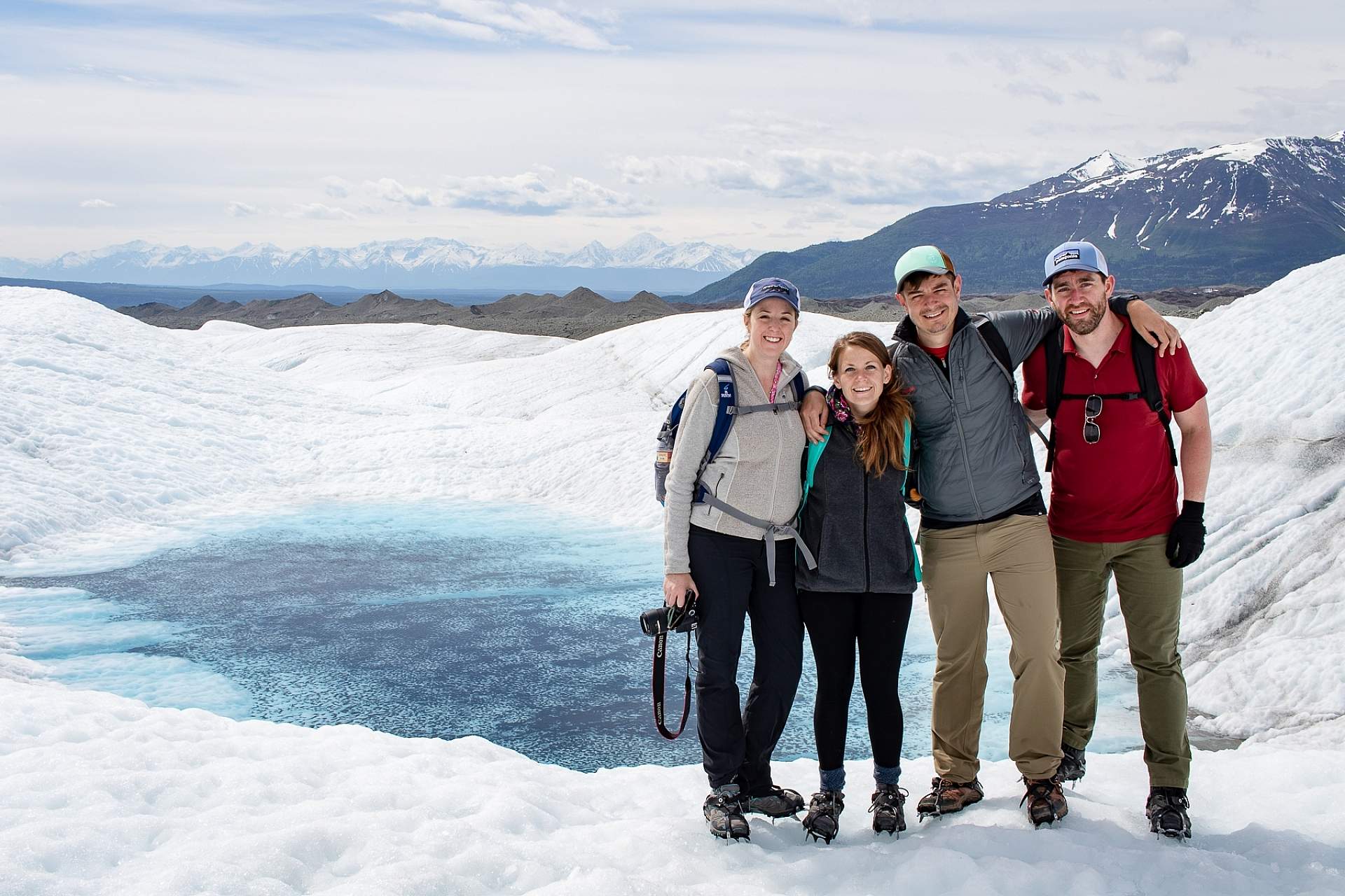 Alexyn and friends stand on the Root Glacier in Wrangell St. Elias National Park