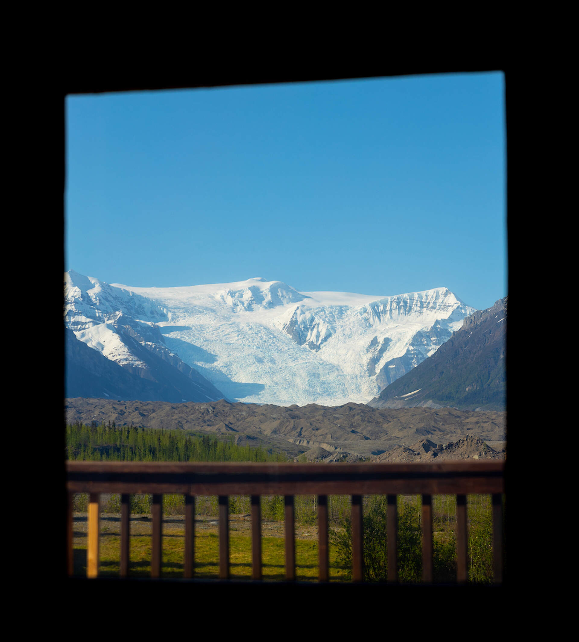 View of the Stairway Icefall from the Suite at the Kennecott River Lodge