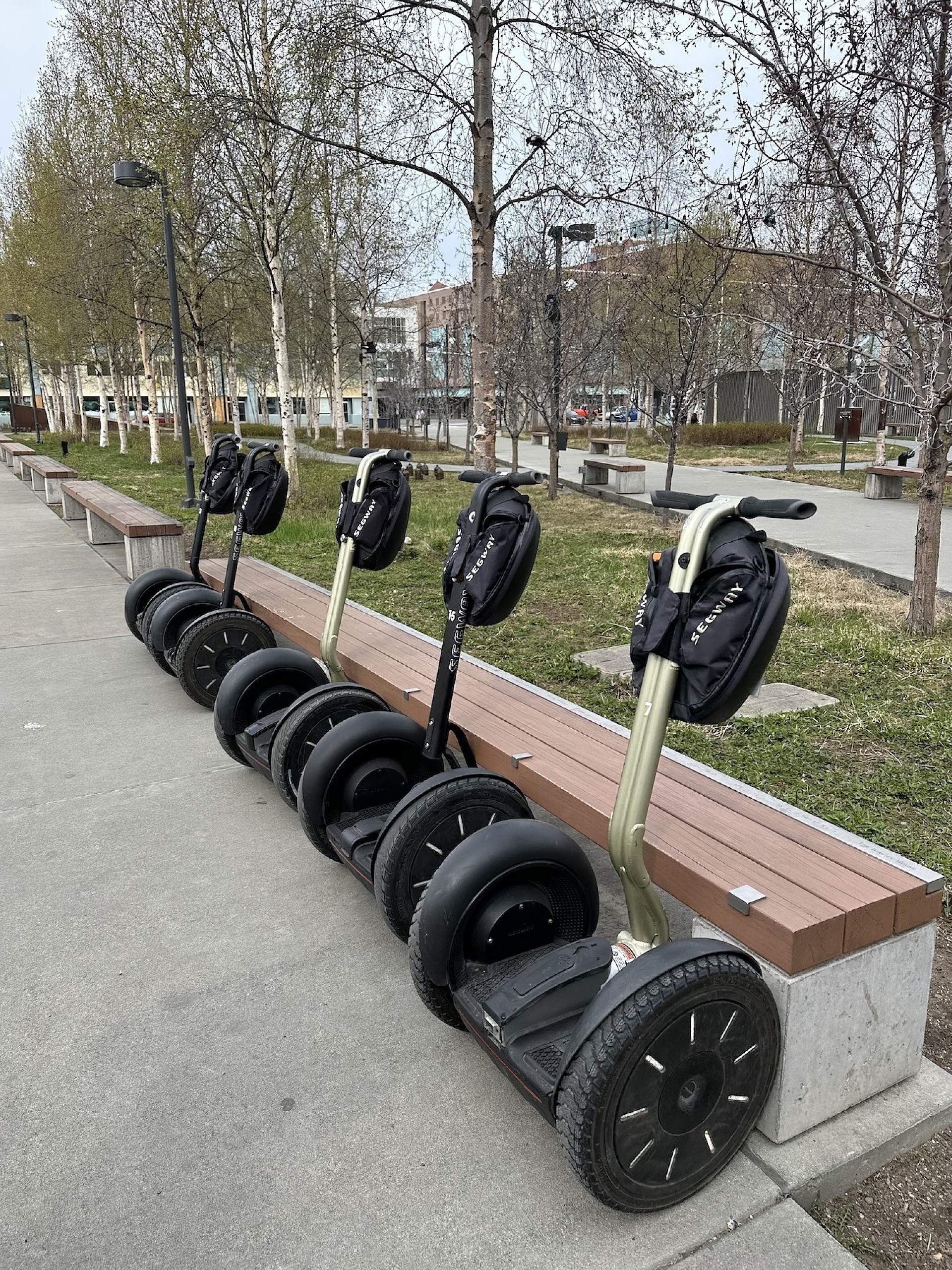 A group of Segways line a bench in Anchorage, Alaska.