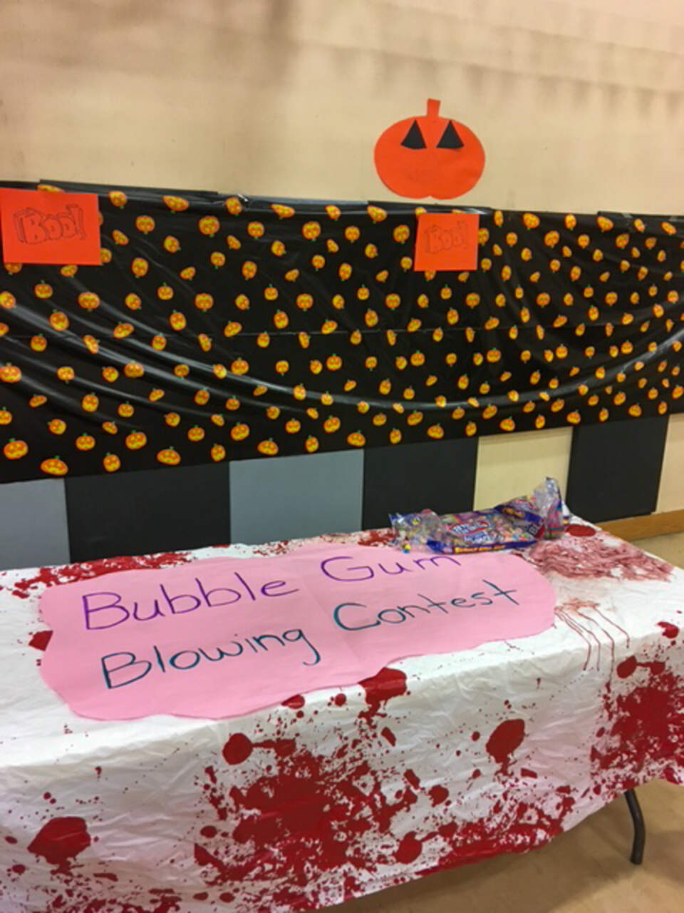 Bubble Gum Challenge station—paper plates, a grab bag of prizes, and a line of giggling judges.