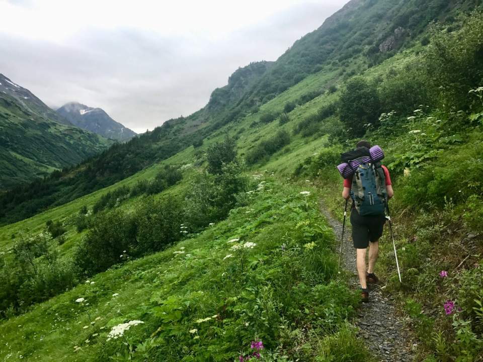 Steep steps on mountain path to the green alpine valley