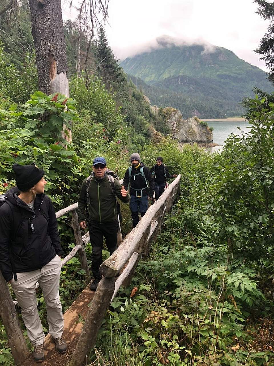 A group of hikers cross a small bridge in a lush environment.