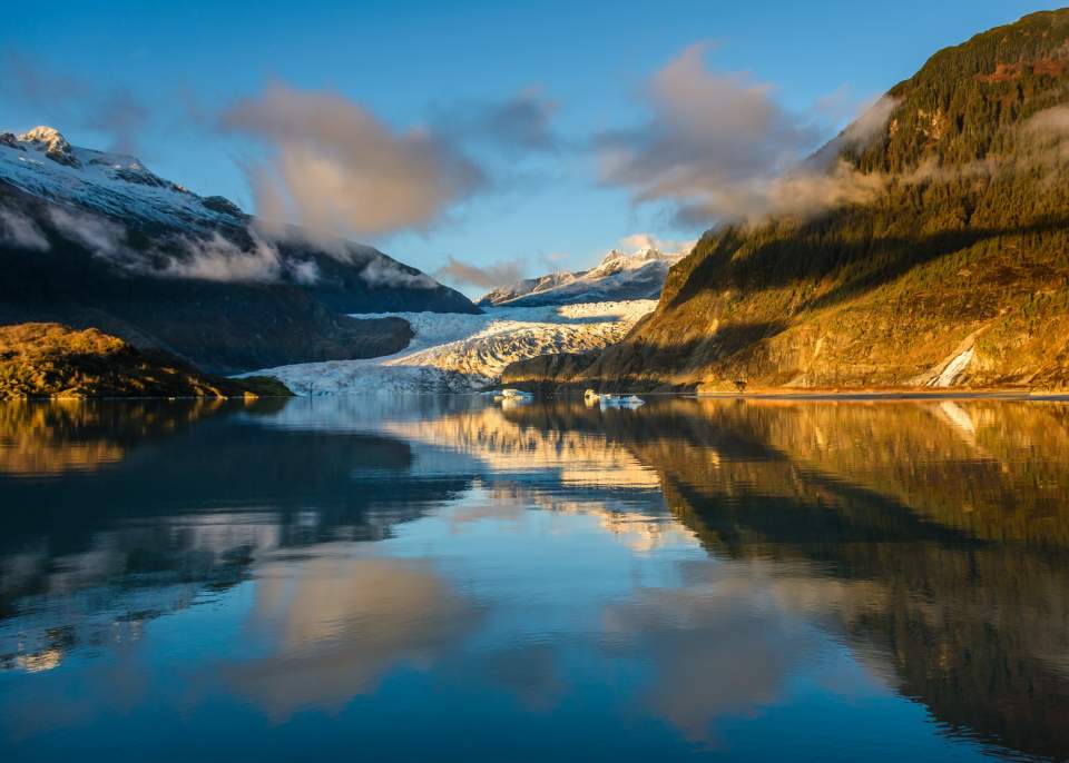 Sunset over Mendenhall Glacier and Mendenhall Lake