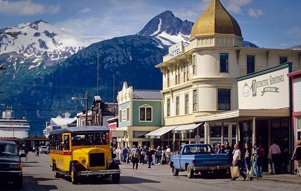 Main Street in Skagway lined with Gold Rush era buildings