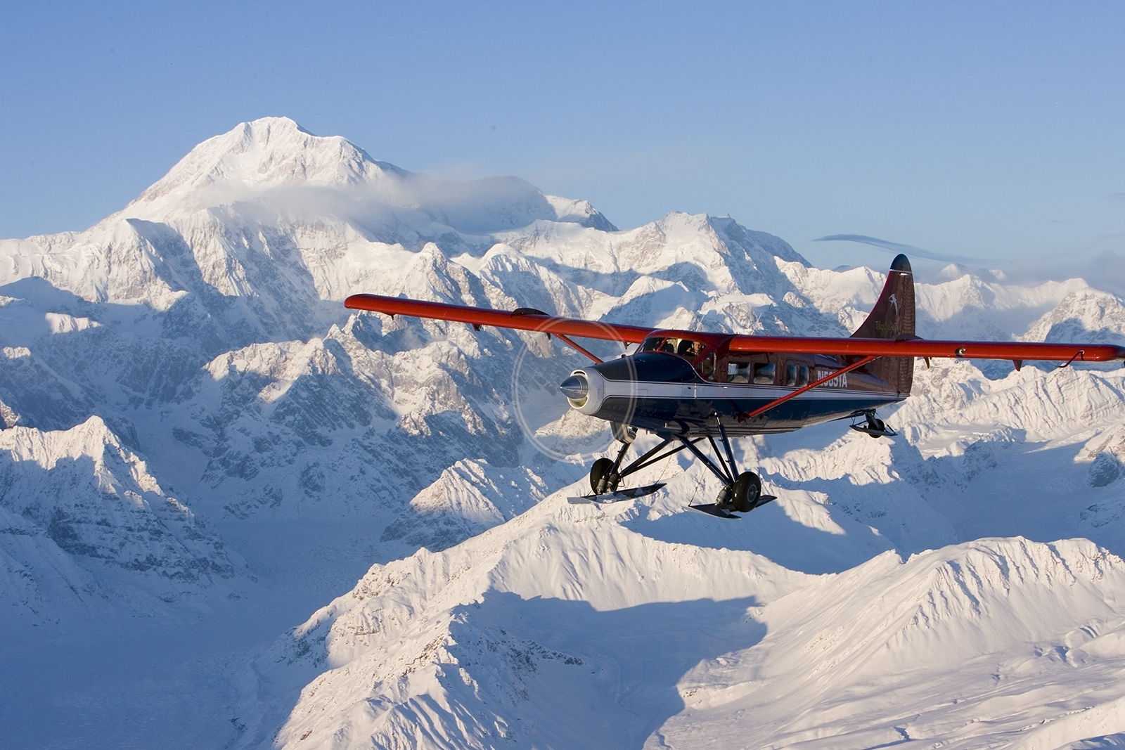 A small plane flies next to snow covered Mt. Denali