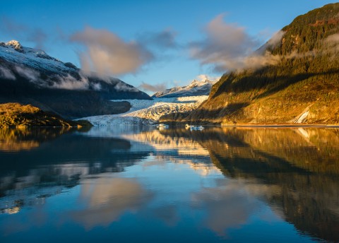 Sunset over Mendenhall Glacier and Mendenhall Lake