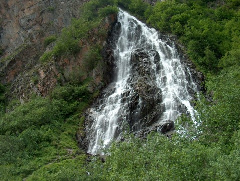 A waterfall surrounded by lush greenery along the Horsetail Falls trail