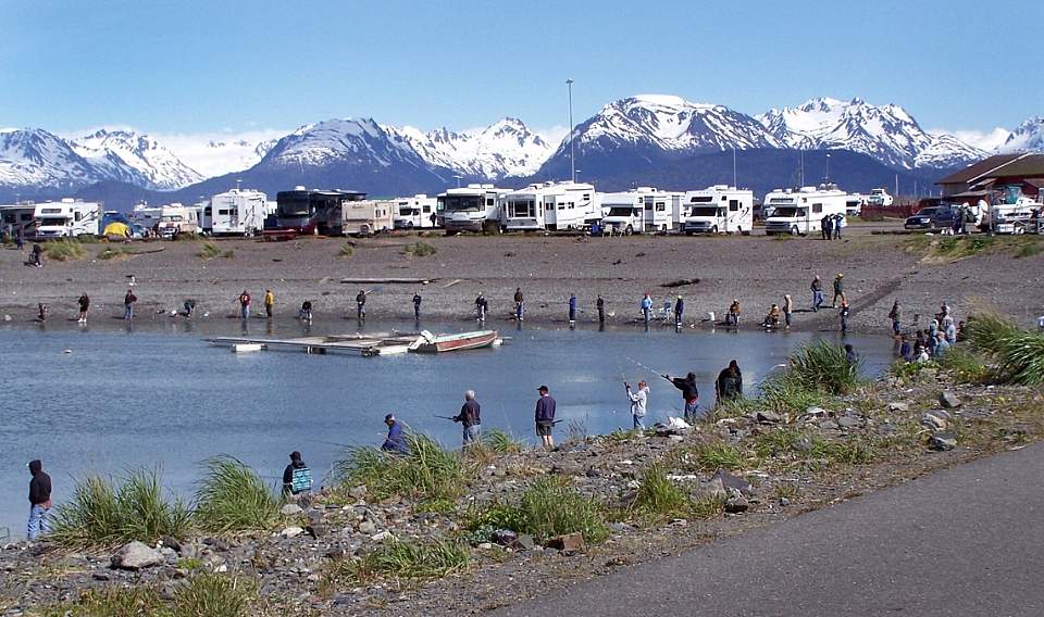 Campers and anglers fish the Dudiak Fishing Hole in Homer, Alaska