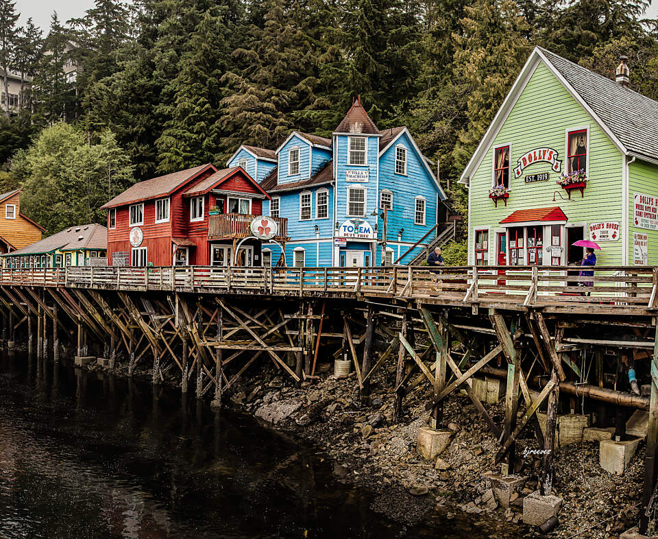 Colorful shops and restaurant along historic Creek Street in Ketchikan, Alaska