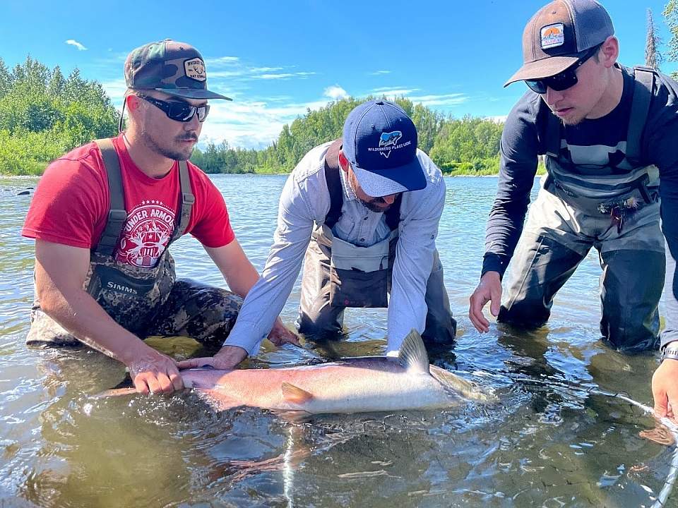 Anglers display a king salmon caught at Wilderness Place Lodge