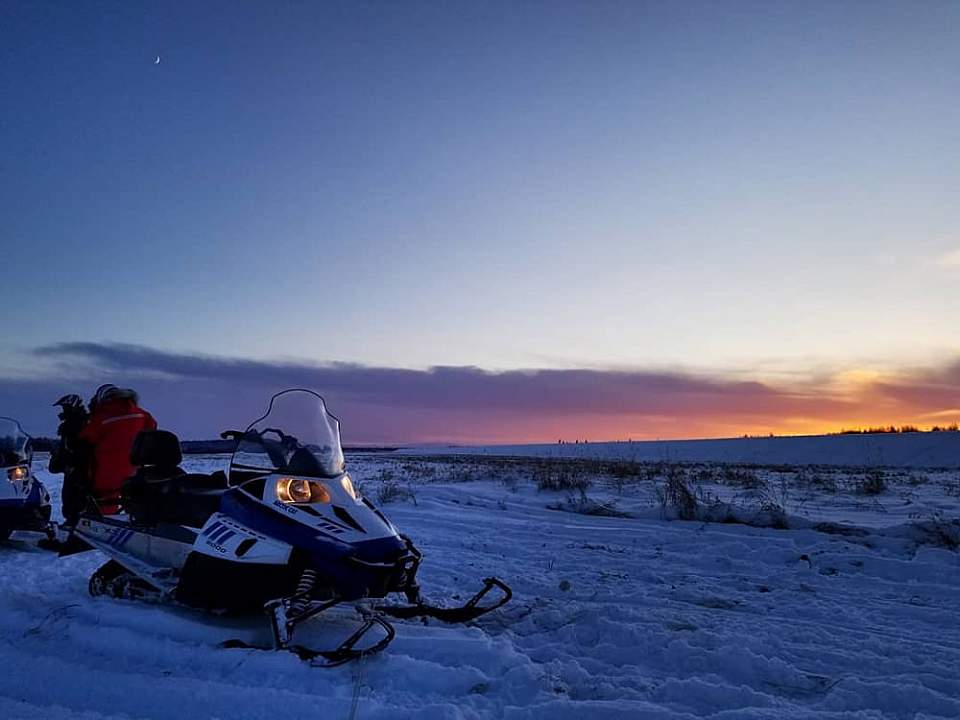 Cross frozen lakes and rivers, view scenic mountains, look for wildlife, and take in stunning early sunsets that short winter days provide