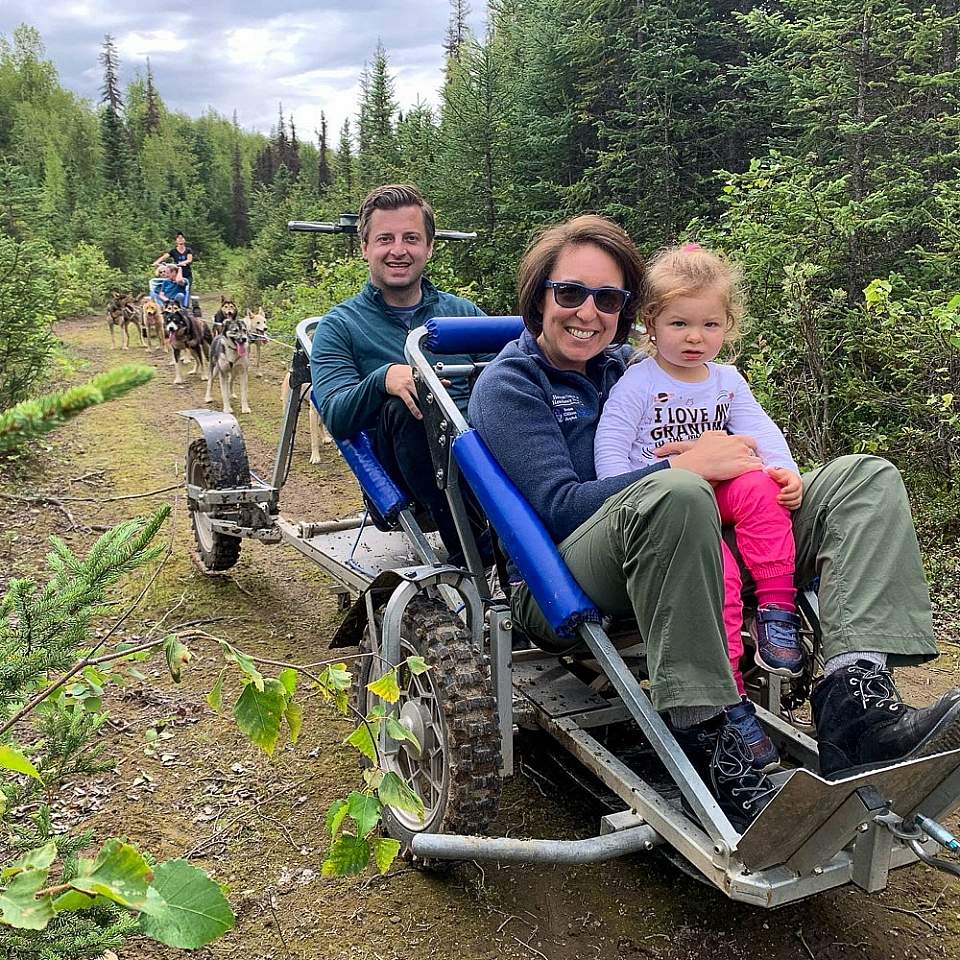 A specially engineered cart that simulates a sled lets you ride the trails in summer. No snow required!