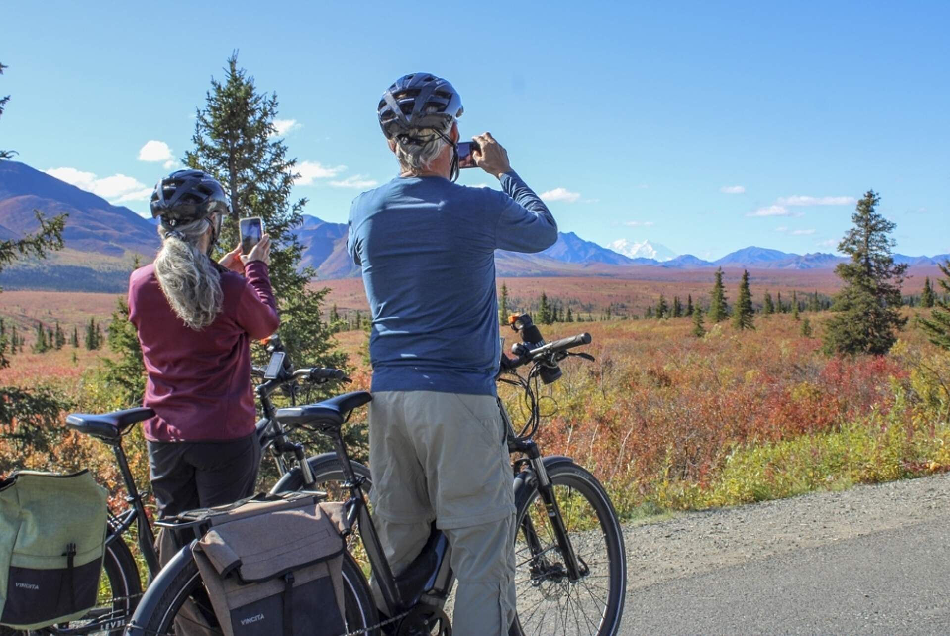 Two bikers pause to take a photograph on the Denali Park Road