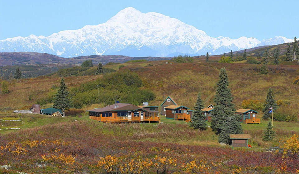 View of Denali behind the lodge in the Talkeetna Mountains
