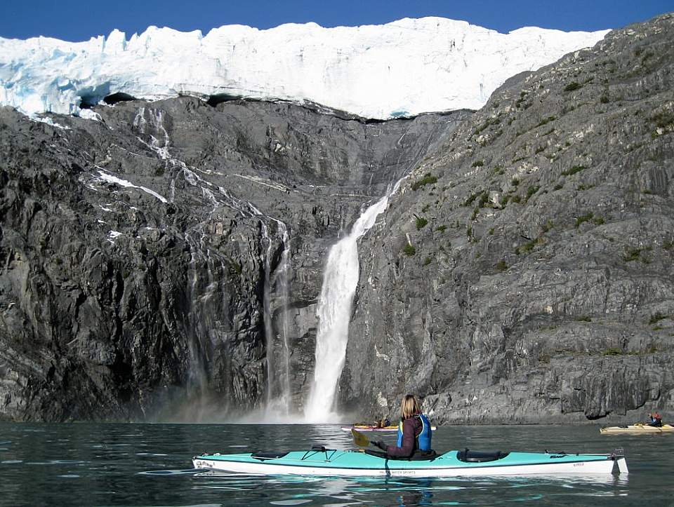 Northland Falls is one of the most spectacular waterfalls in Alaska, dropping about 500 ft. off Northland Glacier in Prince William Sound