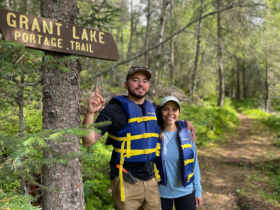 travelers on the Grant Lake hiking trail