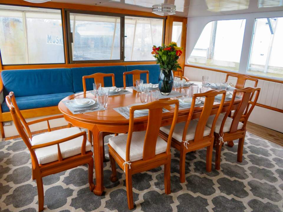 A set dinning table in a boat.