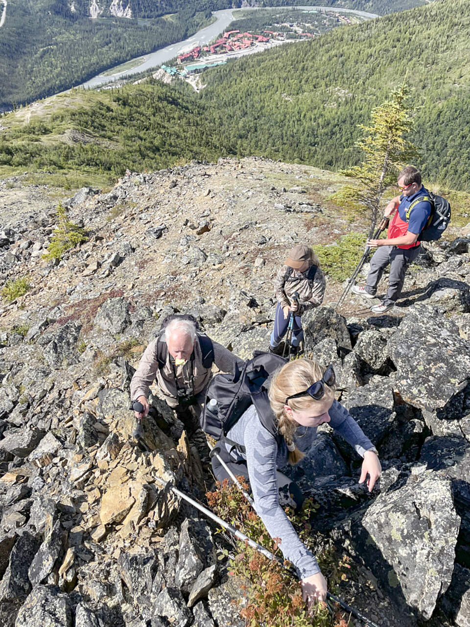 Guests climb a mountain near the Denali National Park entrance