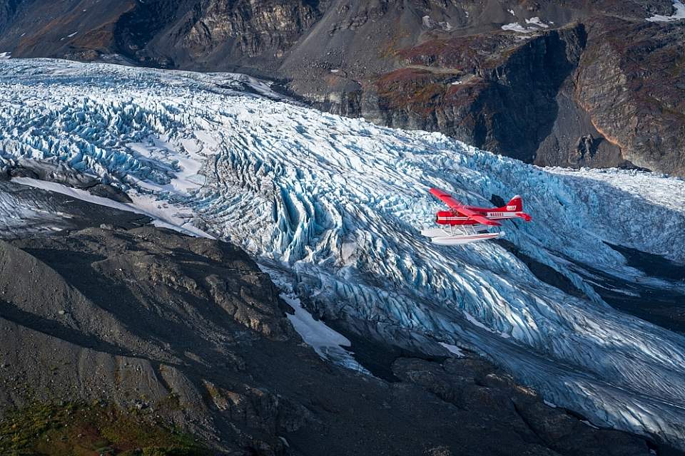 Rust's flies over a glacier in Prince William Sound