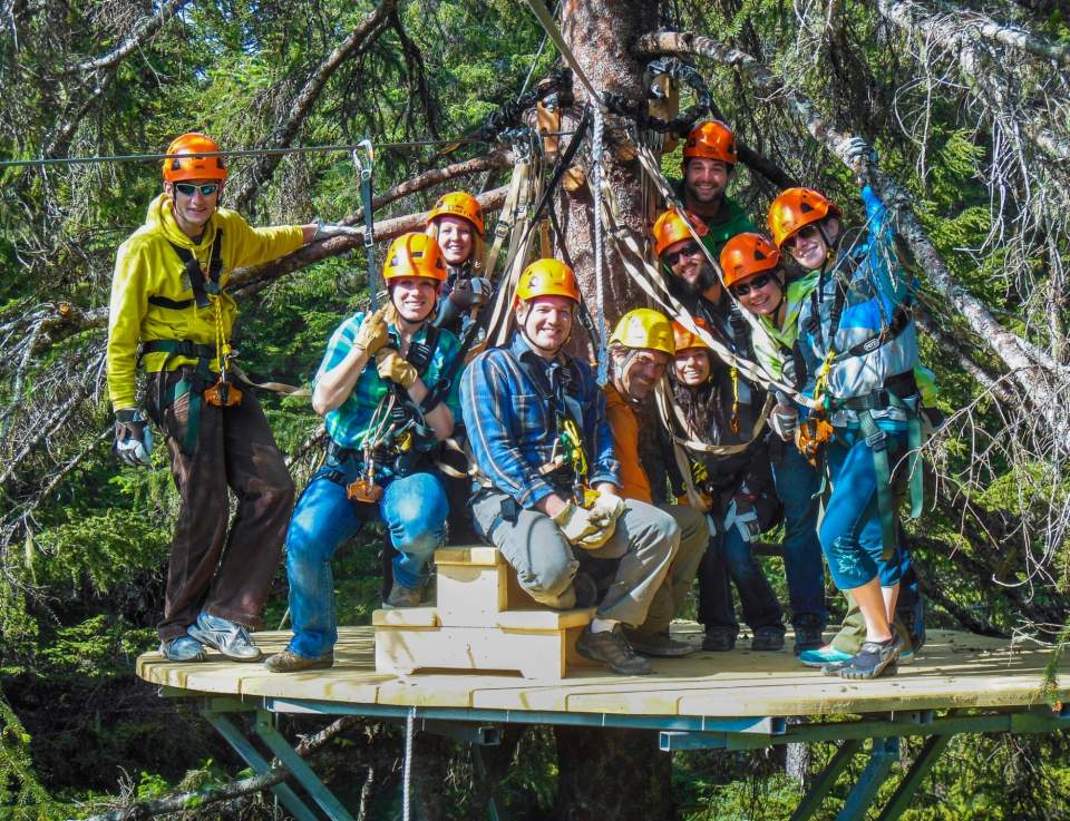 A group of people in ziplining gear pose on a deck in a tree.