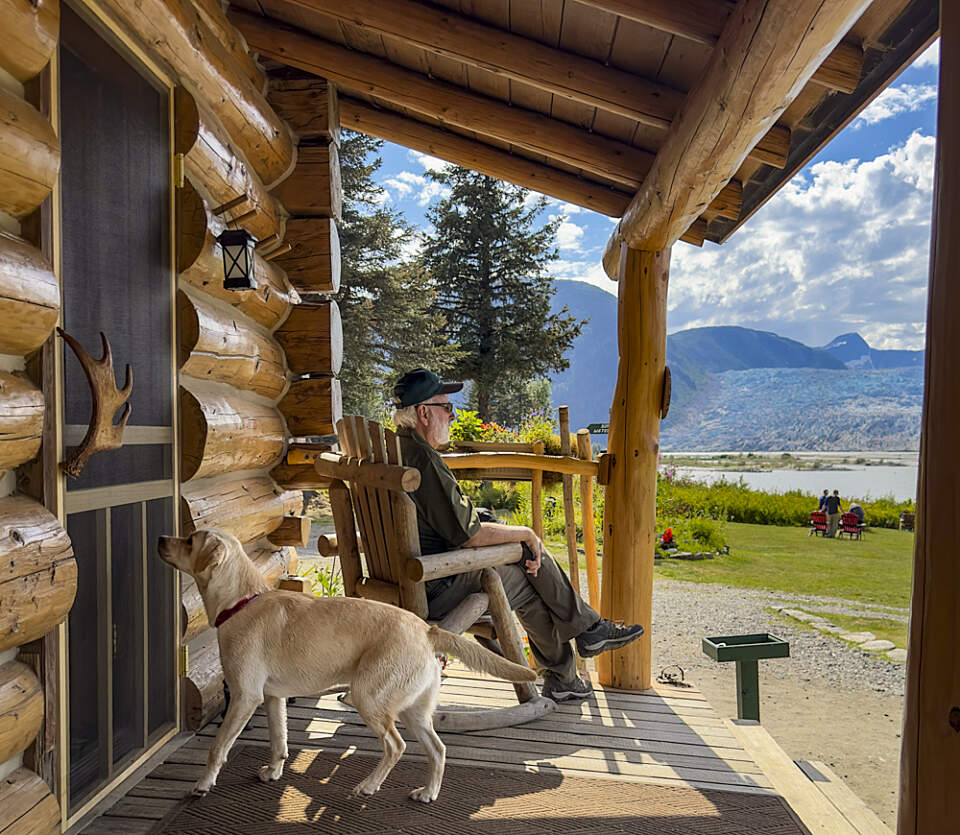 Outside view of the rustic cabin style Take Glacier Lodge.