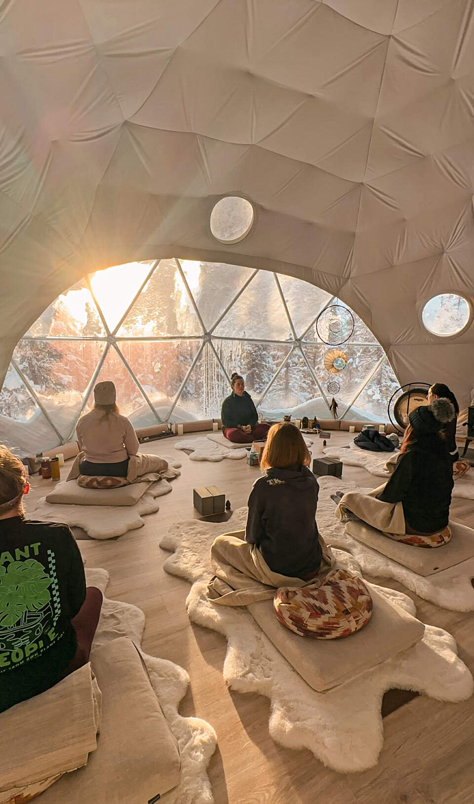 Enjoy panoramic views and warm community gatherings inside the Arctic Hive dome lodge, a hub for off-grid retreats.