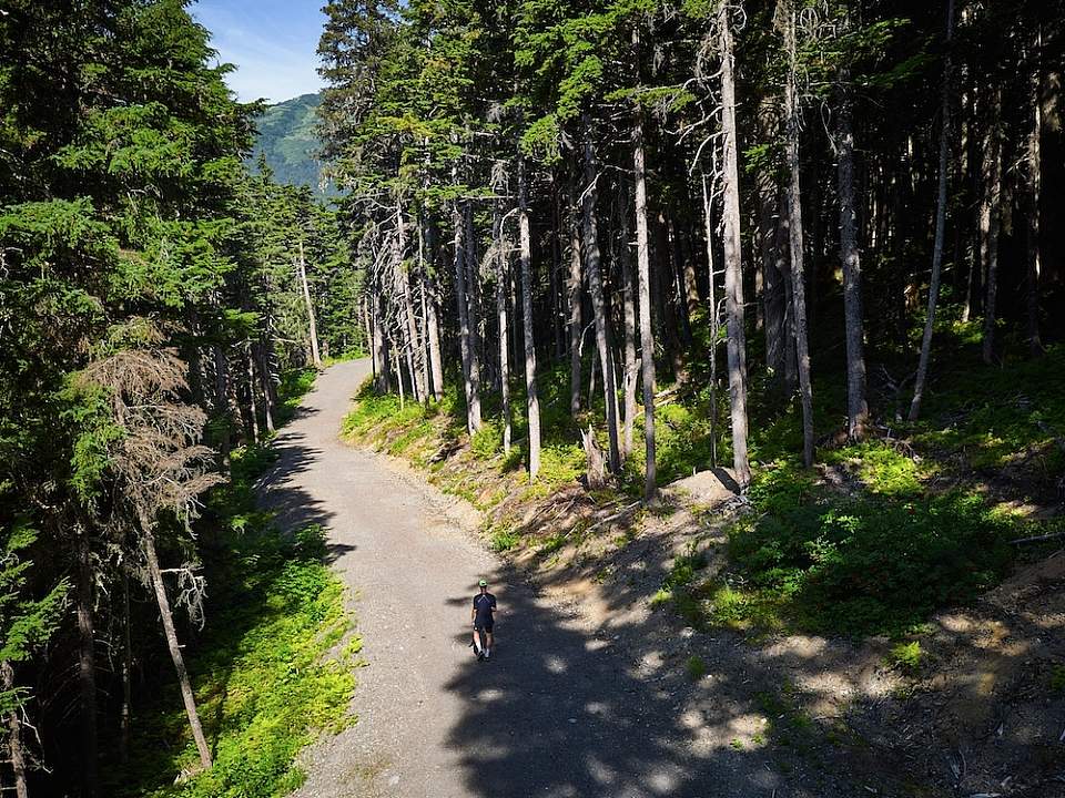 Man hikes along a trail in Girdwood