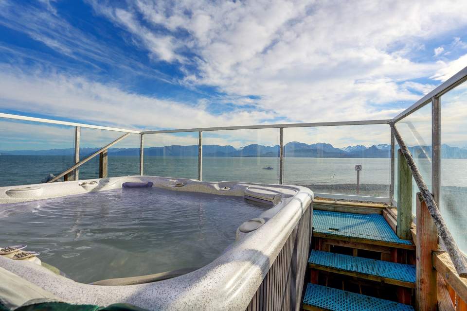 Hot tub with an oceanfront view.