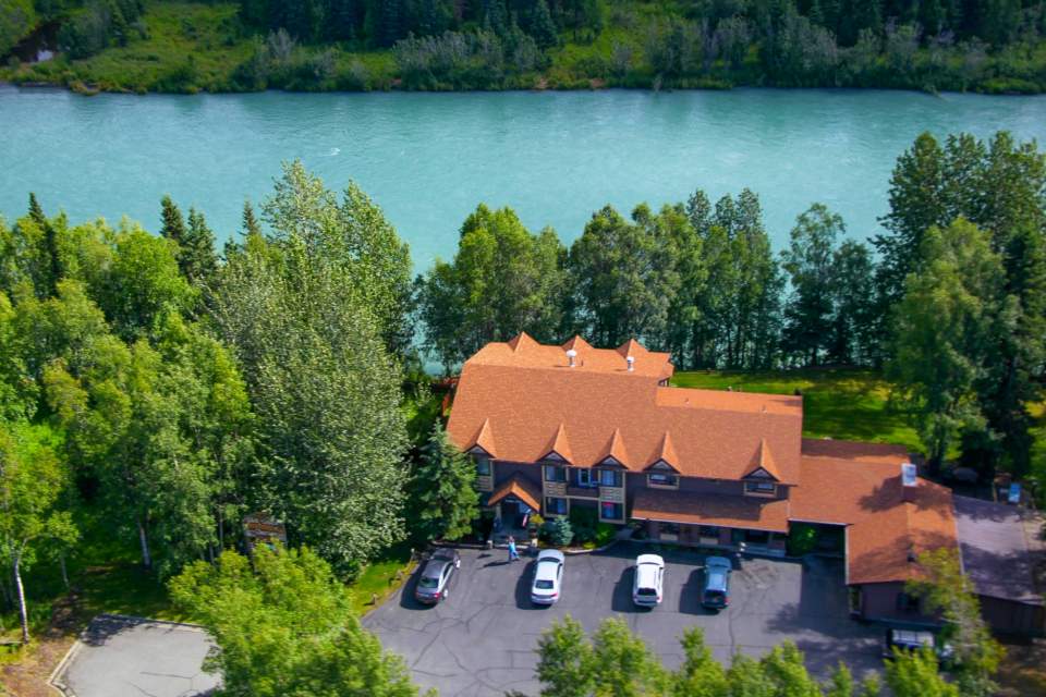 Birds eye view of Soldotna B&B and the Kenai River.