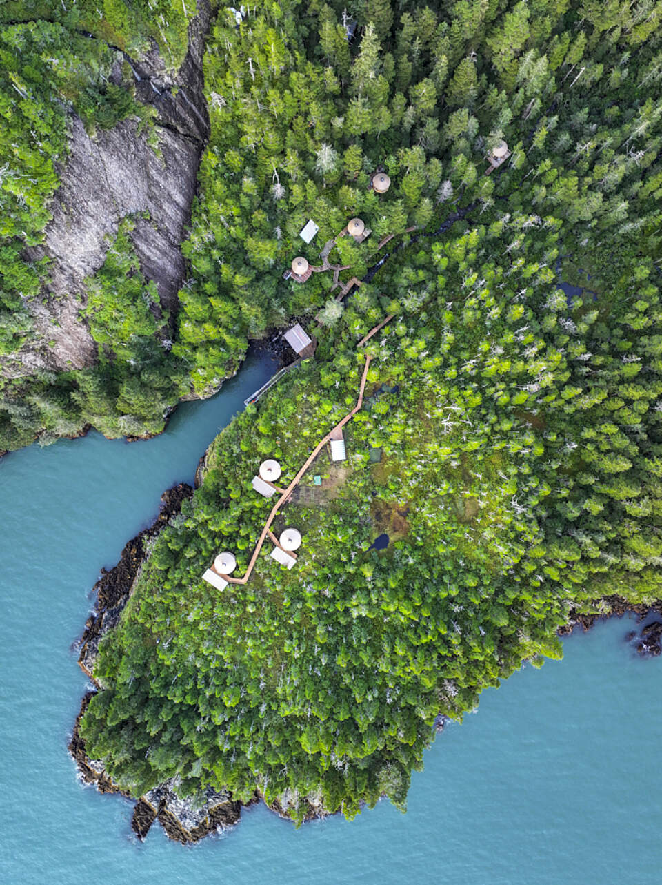 Aerial view of the yurts at Shearwater Cove in Resurrection Bay, Alaska