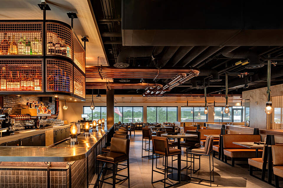View of bar area at Crimson Restaurant in the Wildbirch Hotel