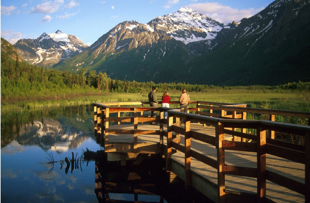 Enjoy views of the Chugach Mountains from the salmon viewing deck at the Eagle River Nature Center