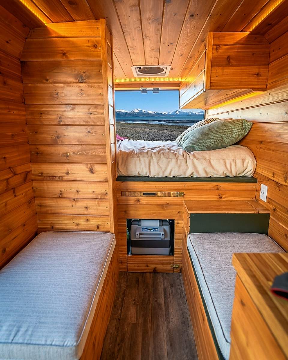 Inside, the vans have been efficiently designed to maximize living space for up to three people (or 2 adults and 2 small children)